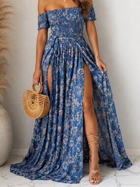 . Touch Dolls Blue Multi Floral Off The Shoulder Smocked Split Tie Maxi Dress